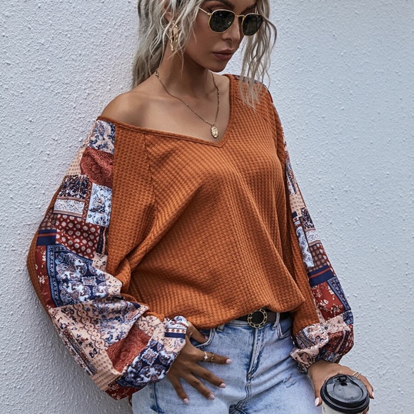 brown  v neck wide sleep waffle long sleeve top - Picture 11 of 16